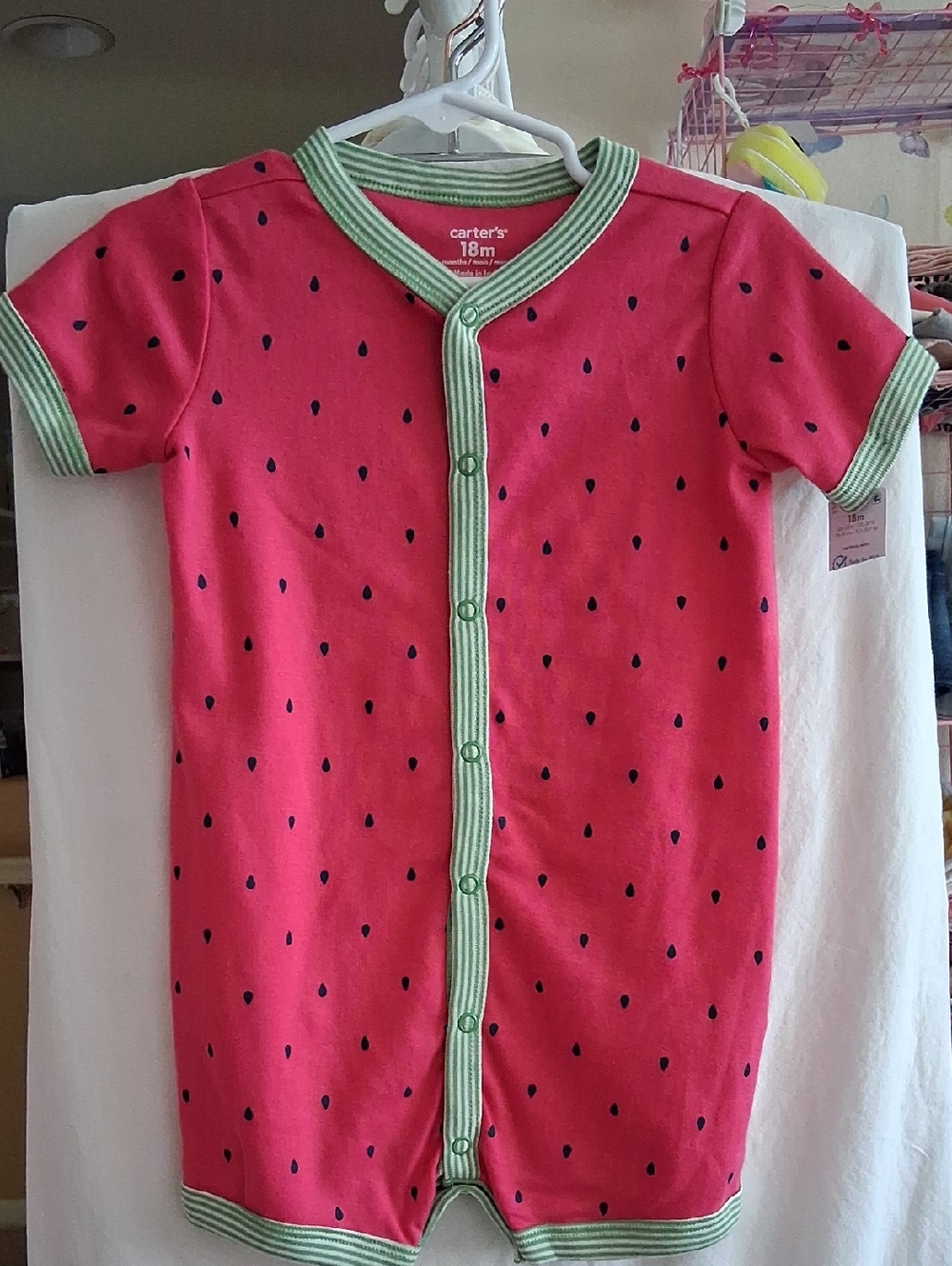 New Carter's Pink Romper with Green Trim and Navy Seed Dots